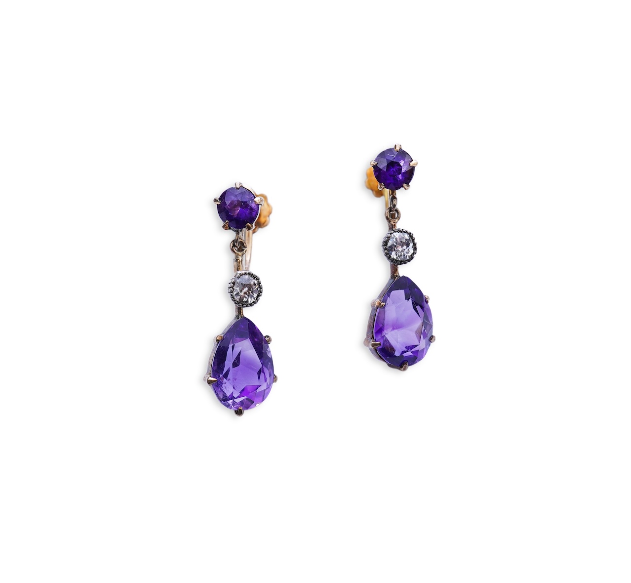 A pair of amethyst and diamond earrings, early 20th century